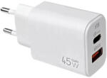  Hálózati töltő adapter, 45W, USB aljzat, USB Type-C aljzat, gyorstöltés, PD, QC, GaN, fehér