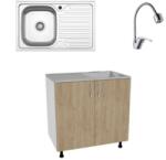 haaus Set Masca Chiuveta Karo, Lemn Natural/Alb, 80 x 50 x 80 cm, Chiuveta Inox, Cuva stanga, Baterie Flexibila (922474)