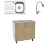 haaus Set Masca Chiuveta Karo, Lemn Natural/Alb, 80 x 50 x 80 cm, Chiuveta Inox, Cuva dreapta, Baterie Flexibila (922481)