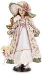 Art-Pol Különleges barna hajú porcelán baba kalapos korhű zöld-krémfehér színű csipkés ruhában esernyővel 45x28x25cm (177061)