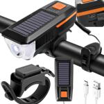 VG Erős fényű Napelemes és USB-s Cree-T6 LED-es vízálló kerékpár első lámpa, hangos csengővel (14491)