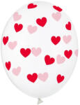 Partydeco Latex lufi 11" 30 cm, 6 db átlátszó lufi, piros szív mintával (LUFI122500)
