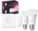 Philips 2PAK LED izzó E27 A60 9W CCT RGB Multicolor PHILIPS HUE White & COLOR Ambiance Bluetooth Zigbee + Hue Bridge + Dimmer kapcsoló (8719514291379)