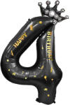 Flippy Balon din Folie Metalizata Flippy, Figurina Cifra si Coroana, Scris Happy Birthday, Tema Aniversare 100 cm, Ambalaj Individual, Pai inclus, Umflare cu Aer sau Heliu, Negru, Cifra 4 (teo-129261)