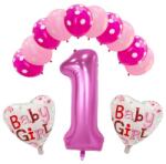 Flippy Set 13 baloane Prima Aniversare, 10 baloane latex, 2 baloane inima folie, cifra 1, Roz (teo-129900)