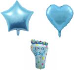 Flippy Set 3 Baloane din Folie Metalizata, Flippy, Figurine Picior 46x79 cm, Inima 45cm, Stea 45cm, Model It 039; s a Boy, Tema Gender Reveal, Ambalaj Individual, Pai Inclus, Umflare cu Aer sau Heliu, Albast