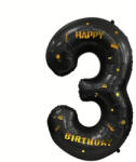 Flippy Balon din Folie Metalizata Flippy, Figurina Cifra, Scris Happy Birthday, Tema Aniversare 100 cm, Ambalaj Individual, Pai inclus, Umflare cu Aer sau Heliu, Negru, Cifra 3 (teo-129270)