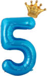 Flippy Balon din Folie Metalizata Flippy, Figurina Cifra si Coroana, Tema Aniversare 100 cm, Ambalaj Individual, Pai inclus, Umflare cu Aer sau Heliu, Albastru, Cifra 5 (teo-129252)