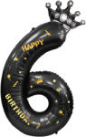 Flippy Balon din Folie Metalizata Flippy, Figurina Cifra si Coroana, Scris Happy Birthday, Tema Aniversare 100 cm, Ambalaj Individual, Pai inclus, Umflare cu Aer sau Heliu, Negru, Cifra 6 (teo-129263)