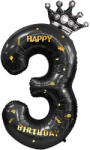 Flippy Balon din Folie Metalizata Flippy, Figurina Cifra si Coroana, Scris Happy Birthday, Tema Aniversare 100 cm, Ambalaj Individual, Pai inclus, Umflare cu Aer sau Heliu, Negru, Cifra 3 (teo-129260)