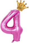 Flippy Balon din Folie Metalizata Flippy, Figurina Cifra si Coroana, Tema Aniversare 100 cm, Ambalaj Individual, Pai inclus, Umflare cu Aer sau Heliu, Roz, Cifra 4 (teo-129241)