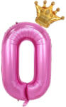 Flippy Balon din Folie Metalizata Flippy, Figurina Cifra si Coroana, Tema Aniversare 100 cm, Ambalaj Individual, Pai inclus, Umflare cu Aer sau Heliu, Roz, Cifra 0 (teo-129237)