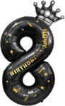 Flippy Balon din Folie Metalizata Flippy, Figurina Cifra si Coroana, Scris Happy Birthday, Tema Aniversare 100 cm, Ambalaj Individual, Pai inclus, Umflare cu Aer sau Heliu, Negru, Cifra 8 (teo-129265)