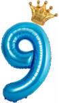 Flippy Balon din Folie Metalizata Flippy, Figurina Cifra si Coroana, Tema Aniversare 100 cm, Ambalaj Individual, Pai inclus, Umflare cu Aer sau Heliu, Albastru, Cifra 9 (teo-129256)