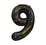 Flippy Balon din Folie Metalizata Flippy, Figurina Cifra, Scris Happy Birthday, Tema Aniversare 100 cm, Ambalaj Individual, Pai inclus, Umflare cu Aer sau Heliu, Negru, Cifra 9 (teo-129276)