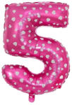 Flippy Balon din Folie Metalizata Flippy, Figurina Cifra, Imprimeu Inimi, Tema Aniversare 80 cm, Ambalaj Individual, Pai inclus, Umflare cu Aer sau Heliu, Roz, Cifra 5 (teo-127171)
