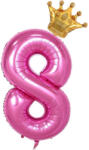 Flippy Balon din Folie Metalizata Flippy, Figurina Cifra si Coroana, Tema Aniversare 100 cm, Ambalaj Individual, Pai inclus, Umflare cu Aer sau Heliu, Roz, Cifra 8 (teo-129245)