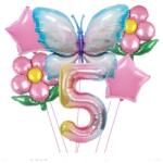 Flippy Set baloane aniversare cu numere 6 piese, 2 flori, 2 stelute, 1 fluture, Roz, Cifra 5 (teo-129914)
