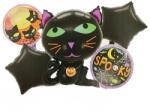 Flippy Set 5 Baloane din Folie Metalizata, Flippy, Figurine, Tema Halloween, Pai Inclus, Ambalaj Individual, Umflare cu Aer sau Heliu, Figurina Pisica 65x49 cm, Stelute si Cerculete 45 cm, Negru (teo-129941)