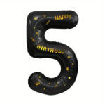 Flippy Balon din Folie Metalizata Flippy, Figurina Cifra, Scris Happy Birthday, Tema Aniversare 100 cm, Ambalaj Individual, Pai inclus, Umflare cu Aer sau Heliu, Negru, Cifra 5 (teo-129272)