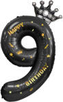 Flippy Balon din Folie Metalizata Flippy, Figurina Cifra si Coroana, Scris Happy Birthday, Tema Aniversare 100 cm, Ambalaj Individual, Pai inclus, Umflare cu Aer sau Heliu, Negru, Cifra 9 (teo-129266)