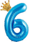 Flippy Balon din Folie Metalizata Flippy, Figurina Cifra si Coroana, Tema Aniversare 100 cm, Ambalaj Individual, Pai inclus, Umflare cu Aer sau Heliu, Albastru, Cifra 6 (teo-129253)