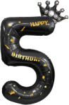 Flippy Balon din Folie Metalizata Flippy, Figurina Cifra si Coroana, Scris Happy Birthday, Tema Aniversare 100 cm, Ambalaj Individual, Pai inclus, Umflare cu Aer sau Heliu, Negru, Cifra 5 (teo-129262)