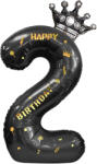 Flippy Balon din Folie Metalizata Flippy, Figurina Cifra si Coroana, Scris Happy Birthday, Tema Aniversare 100 cm, Ambalaj Individual, Pai inclus, Umflare cu Aer sau Heliu, Negru, Cifra 2 (teo-129259)