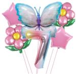 Flippy Set baloane aniversare cu numere 6 piese, 2 flori, 2 stelute, 1 fluture, Roz, Cifra 7 (teo-129916)