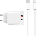 WIWU Hálózati töltőfej 1xUSB / 1xType-C + Type-C / iPhone 8pin adatkábel, PD/QC, 3A / 20W, 1M, fehér, WIWU Wi-U002