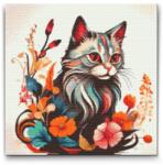  Gyémántszemes kirakó - Macska virágokkal körülvéve Méret: 50x50cm, Keretezés: Keret nélkül (csak a vászon), Gyémántok: Négyzet alakú