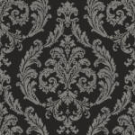  Klasszikus barokk díszítőminta textil háttéren fekete és szürke/ezüstszürke tónus finom fémes hatás tapéta (G68676)