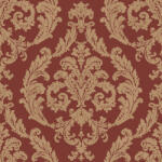  Klasszikus barokk díszítőminta textil háttéren mélyvörös és arany/aranybarna tónus finom fémes hatás tapéta (G67612)