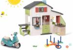 Smoby Set căsuţa Prietenilor și babytaxiu de curse Friends House Life Smoby extensibilă cu roți de cauciuc și bucătărie cu sonerie și cercuri de aruncat (SM810207-44) Casuta pentru copii