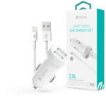 DEVIA szivargyújtós töltő adapter 2xUSB bemenettel + USB - Lightning kábel - 15W- Devia Smart Series Dual Car Charger Suit - fehér