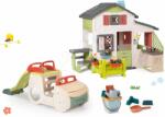 Smoby Setul căsuță Prietenilor cu curte și tobogan Mașina Friends House Life Smoby extensibil cu pătuț cu nisip în portbagajul setului și tobogan de 1, 5 m cu jet de apă și bucătioară (SM810250-A10) Casuta pentru copii