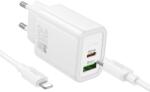 hoco. N61 - USB/Type-C (USB-C) portos fehér hálózati töltőfej 3A 20W + Type-C (USB-C) / Lightning kábel (1m) - tokgalaxis