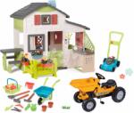 Smoby Set căsuță Prietenilor cu grădință în față și tractor cu pedale Jim Friends House Life Smoby extensibil cu remorcă basculantă și bucătărie cu roabă și mașină de tuns gazon (SM810250-A21) Casuta pentru copii