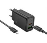 hoco. N63 hálózati töltőadapter, töltőfej 30W, 3A, 1 x USB-A, 1 x USB-C + Lightning adatkábel, töltőkábel, fekete
