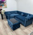 MobAmbient Colțar tapițat în stofă catifelată, albastru închis - model Chesterfield