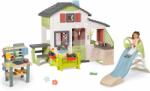 Smoby Set de casă Friends cu grădină în față și tobogan de 1, 5 m cu jet de apă, Casa Prietenilor Smoby extensibilă și bucătărie de grădină cu rezervor de apă (SM810250-A32) Casuta pentru copii