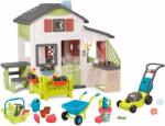 Smoby Set casă pentru prieteni cu curte din față și mașină de tuns gazon Friends House Life Smoby extensibil cu sunet și bucătărie cu roabie, set cu găleată și coș cu stropitoare (SM810250-A34) Casuta pentru copii