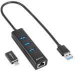 Sharkoon USB Hub - Aluminium Hub Type-C adapter + RJ45 (3port; USB3.2 Gen 1; Fekete) (KELSHA037575)