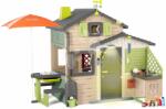 Smoby Căsuță Prietenilor cu spațiu de relaxare în culori naturale Friends House Evo Playhouse Life Smoby sub umbrela de soare cu jocuri și set meteorologic extensibil (SM810251-2J) Casuta pentru copii