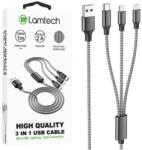 Lamtech Cablu Date si Incarcare Lamtech, 3in1, USB la Type-C/Lightning/Micro USB, Invelis metalic, 2A, 1m, Negru