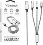 Lamtech Cablu Date si Incarcare Lamtech, 3in1, USB la Type-C/Lightning/Micro USB, Invelis metalic, 2A, 1m, Argintiu