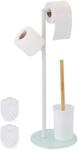 Relaxdays Suport pentru hartie igienica cu perie de toaleta, loc rezerve, alb, 2 perii de schimb, baza sticla, 64 x 27 x 22 cm (10049118-1)