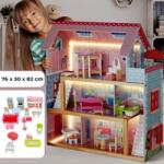 Infantastic Casuta din lemn pentru papusi, lumina Led, 3 etaje, 5 camere, 16 piese mobilier, 76 x 30 x 82 cm, Infantastic (FFE-8PPHS01) Casuta papusi