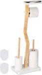 Relaxdays Suport pentru hartie igienica cu perie de toaleta si loc pentru rezerve, bambus/metal, design curbat, alb (10050746A)