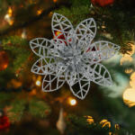Family Collection Karácsonyi dísz - csipeszes - glitteres virág - ezüst - 3 db / csomag (58947B)